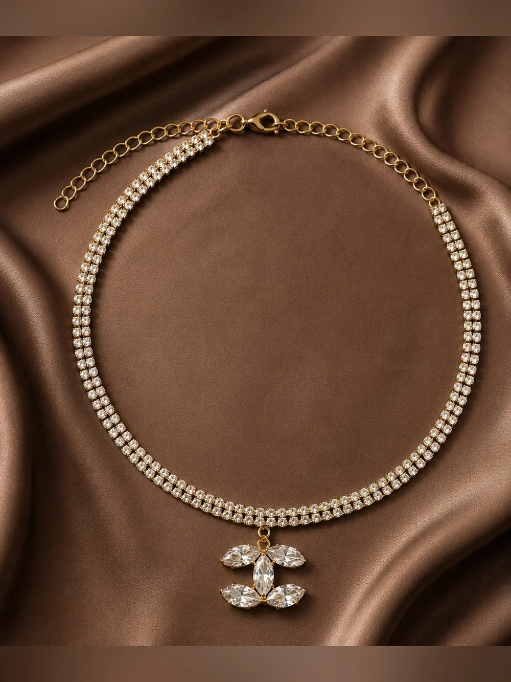 Gold Rhinestone Crystal CC Pendant Choker Necklace